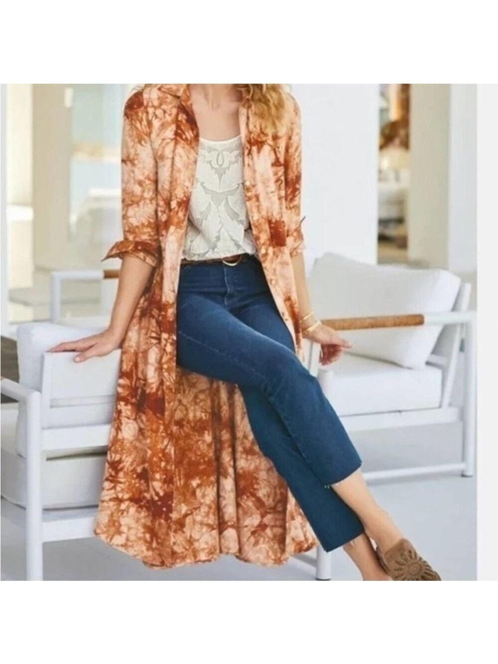 Soft Surroundings Aziza Terracotta Linen Tye-Dye Maxi Shirt Dress Pockets Small